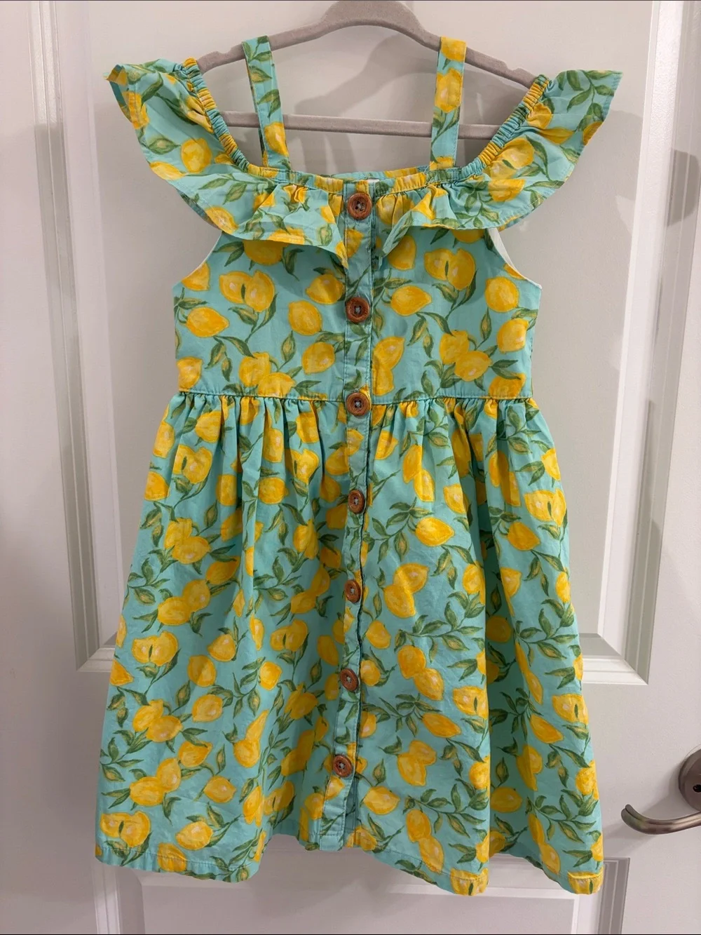 Girls Lemon Print Ruffle Strap Sundress - Aqua & Yellow
